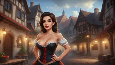 (one woman, mature 40 year old, brunette, sensual smile, red lips, dancing sexy striptease), (wearing skimpy tavern corset pulled down exposing breasts), (medieval german town, half-timbered houses with white walls and black roofs, people in background, oktoberfest), evening, close view, (artwork, digital painting, fantasy art, loading screen art style), <lora:SDXLSamDoesArts:.1>, <lora:SumTim:.1>, <lora:Sinister_Style_SDXL:.1>