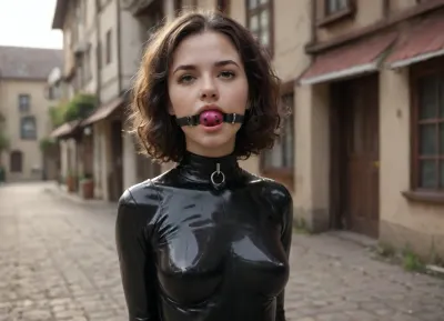4K UHD, realistic masterpiece, maximum quality, maximum details, maximum realism, high resolution, outside of old village, one female, ((she wears black latex catsuit bdsm)), she wears bdsm cat mask, (Perfect face), long curly black hair, ((ball-gag)), perfect hands, (((A dynamic action shot of a focused woman guiding a white horse forward with quiet authority through a dusty trail during sunset, dramatic side lighting, high detail, photorealistic))), ((entire horse)), uncovered boobs, big hips, ((BDSM collar)), small perky breasts, saggy boobs, puffy nipples, nipple piercings, clear cutout, clothing, gag, viewer distance 5 meters, <lora:Saggo_XL:1.5>, <lora:2BoutOvalSDXL2-000002:.5>, <lora:gagged-4e:1.2>, <lora:Kandyland:1.1>, RiHorse, front_view, half_front_view, side_view, galloping, <lora:RideHorse.0.9:.8>