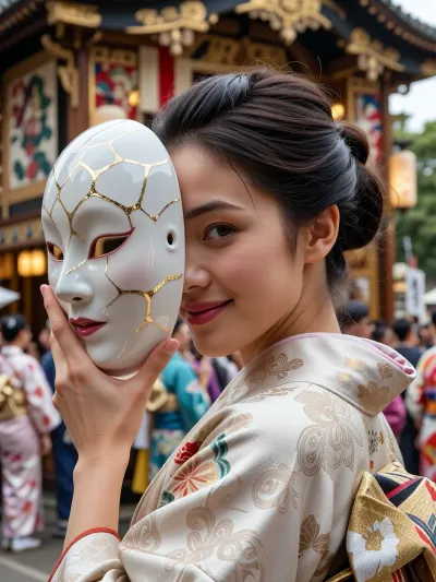 Ultra detailed depiction. Sharp focus on her face, extreme close-up on her face and her hand holding the mask. a professional photograph of a beautiful mysterious Japanese woman. asian-ethnic-style. She wears a high-end silk kimono with intricate traditional patterns, and her dark hair is elegantly styled in an updo. Her body is turned slightly away, as if about to leave, with the back of her shoulder visible, and she glances back over her back-shoulder toward the camera, her eyes looking back. She holds a porcelain mask vertical in front of her face with her raised hand, her fingers curling naturally around its edge. The mask is decorated in the kintsugi style, with delicate cracks across the porcelain surface filled with shimmering gold, and a smooth glossy surface. A secondary rim light glows softly from behind the mask, catching its edge and her hair with a warm highlight. One side of her face is partly bare and visible. Her face is partly hidden but she has a soft, playful smile, with a teasing yet gentle expression, and her visible eye is warm and inviting. Behind her is the Gion Matsuri festival in Kyoto, with massive ornate wooden festival floats decorated with tapestries, and a lively colorful crowd in traditional kimono blurred in the background. The scene is lit by bright natural daylight, with vivid festival colors. This is over-detailed professional photography, a masterpiece of epic photorealism, shot on a DSLR camera, with sharp facial details and a cinematic atmosphere. Photorealistic.