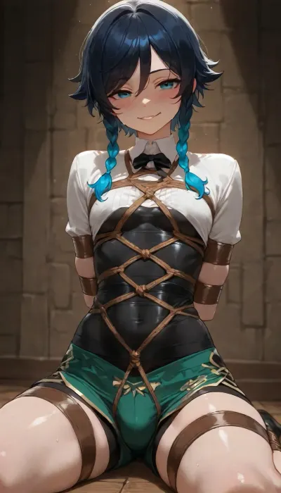 4k resolution, high definition, highly detailed, best possible quality, femboy, Venti from Genshin Impact, tiny, petite, flat-chested, petite build, (young), fit body, flat stomach, medium cock and balls, solo, sitting, Venti clothes, ((tight shibari bondage under clothes)), ((under-clothes bondage:1.6)), breast bondage, revealing one breast, showing bondage under clothes, evil smile, blush on face, one, breast, out, (masterpiece, best quality, highres)
