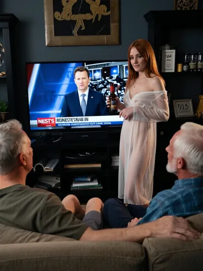 Pov format

Location, Living room, The room is dark.large TV with the news, journalist on tv screen, The light from the TV.

Characters, sexy bimbo redhead woman, (25yo), and two grandpa, (85yo), Clothes, woman, (Long transparent white nightgown), Action, A woman is standing in front of the TV with a bottle of beer in her hand. The grandpa are sitting on the sofa, looking at her.The woman looks at the grandpa and smilling.