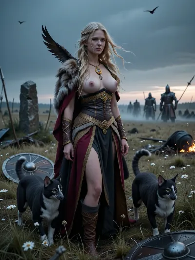A dark, solemn, mythologically grounded depiction of Freyja from Norse mythology as the goddess of love, beauty, desire, seiðr magic, war, and death, portrayed in Fólkvangr as she receives the fallen.

She stands in a vast windswept field beneath a cold dusk sky, surrounded by tall grass, pale wildflowers, burial stones, broken shields, abandoned spears, and the faint silhouettes of warriors who have died in battle. The landscape is beautiful, sacred, and mournful rather than gruesome. No gore.

Freyja is a striking, very busty Scandinavian woman in her late twenties or early thirties, with fair Nordic skin, long golden-blonde hair moving in the wind, and clear light-colored eyes filled with compassion, grief, and immense authority. Her beauty remains radiant and sensual, but there is nothing frivolous about her. She looks like someone who understands both love and death intimately.

She wears richly crafted historically inspired Norse garments of fine wool, linen, leather, and fur in deep muted reds, dark gold, brown, gray, and black, with restrained bronze and gold jewelry. Her clothing should feel regal, ancient, practical, and sacred rather than like fantasy armor.

Around her neck is Brísingamen, Freyja’s legendary necklace, exquisitely crafted from ancient gold and amber. Its warm glow is subtle, contrasting with the cold landscape.

A falcon-feather cloak moves around her in the wind, and faint seiðr magic manifests as thin threads of mist, shadow, and pale light moving through the field, almost as if guiding the spirits of the fallen toward her. The magic should feel ancient, quiet, and ritualistic rather than spectacular.

Two large powerful cats accompany her, walking silently through the grass with an uncanny calm. They should appear majestic and slightly supernatural, not cute or domestic.

In the middle distance, translucent figures of fallen warriors emerge through the mist and move toward Freyja. Some appear hesitant, some exhausted, some peaceful. She receives them not as a conqueror, but as a sovereign and guardian of the dead.

Optional subtle elements may include Hildisvíni as a dark boar with faintly golden bristles in the distance, distant funeral fires, ravens circling high above, or a shadowy hall associated with Sessrúmnir beyond the field.

The mood should be haunting, beautiful, and emotionally heavy, emphasizing Freyja as both a goddess of desire and one who claims half of the battle-slain. She should embody the inseparable Norse connection between love, fate, and death.

Authentic Norse mythology, Freyja in Fólkvangr, Brísingamen, seiðr, sacred cats, chooser of the slain, battlefield aftermath, ancient Scandinavian atmosphere, mythological realism, cinematic composition, realistic anatomy, realistic hands, highly detailed face and clothing, dramatic twilight, cold mist, subtle supernatural elements, photorealistic.