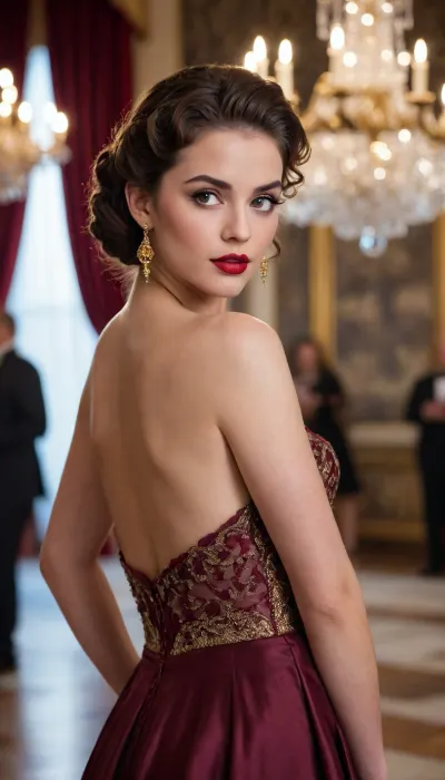 A photorealistic cinematic portrait, medium shot, of a beautiful young woman in a lavish ballroom, her dark, wavy hair is styled into an elaborate updo, her beautiful eyes peering through the slits of her mask, red lipstick, and a mysterious gaze directed at the camera. On her face is a black Venetian half-mask with red-and-gold ornamentation. She wears long, openwork gold earrings and a thin gold chain with a small dark pendant. A deep burgundy-wine-colored satin dress with thin straps and a plunging V-neckline. Dramatic, warm golden lighting from a large chandelier, bokeh, highlights on the skin and fabric, and deep shadows. The backdrop is the luxurious, dark interior of a ballroom with a chandelier, featuring the blurred silhouettes of guests in evening attire. A masterpiece, of the highest quality, highly detailed, photorealistic, with sharp focus on the face and dress—professional fashion photography capturing an atmosphere of mystery, glamour, and a masquerade ball.