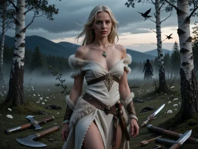 A darkly beautiful, cinematic, mythologically grounded genderbent depiction of Baldr from Norse mythology as an unmistakably female Norse goddess of light, beauty, purity, peace, and divine grace, portrayed shortly before her death.

She stands in a sacred Nordic clearing during the final pale light of evening, surrounded by birch trees, pale wildflowers, cold mist, and distant dark mountains beneath a sky slowly filling with heavy gray clouds. The landscape is still beautiful and calm, yet there is an inexplicable sense that something terrible is about to happen.

Baldr is a breathtakingly beautiful young woman with a graceful busty athletic build, fair Nordic skin, long pale golden-blonde hair moving softly in the wind, clear light-colored eyes, and a serene, trusting expression. Her beauty feels luminous and divine rather than glamorous. A subtle natural radiance surrounds her, but it is beginning to fade into the gathering twilight.

She wears elegant historically inspired Norse ceremonial clothing made from finely woven pale wool and linen, soft leather, restrained fur trim, delicate Scandinavian embroidery, and subtle bronze or gold jewelry, with a deep cleavage. Her garments are noble, simple, and sacred rather than modern fantasy clothing.

Around her, several discarded weapons lie harmlessly on the grass — spear, axe, sword, and arrows — symbolizing that almost everything in creation has sworn not to harm her. The weapons should appear ordinary and powerless in her presence.

One small sprig or slender shaft of mistletoe is visible somewhere within the composition, deceptively fragile and insignificant. It should be easy to overlook, yet positioned so that it creates a quiet sense of menace once noticed. A distant shadowy female figure may be barely visible at the edge of the clearing, suggesting Loki in disguise or hidden observation, but she must remain subtle and secondary.

Baldr herself should appear unaware of the danger. Her posture is relaxed, open, and trusting, emphasizing the tragedy of what is about to happen. The surrounding birds have gone strangely quiet, the wind has weakened, and the entire landscape seems to be holding its breath.

The mood should combine divine beauty, innocence, melancholy, stillness, and inevitable tragedy. Emphasize the contrast between Baldr’s radiant goodness and the approaching darkness of her fate. Female incarnation of Baldr, Norse mythology, ancient Scandinavian atmosphere, tragic foreshadowing, cinematic realism, soft fading daylight, deepening shadows, realistic anatomy, realistic hands, highly detailed face and clothing, subtle supernatural atmosphere, photorealistic.