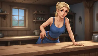 (Haelga from Skyrim, mature 50 year old, scandinavian, blonde medium hair ponytail, small breasts, seductive face), (inside medieval wooden shop without windows), (medieval blue dress), (standing behind a long wide wooden counter, bending down towards counter), closeup front view, (artwork, digital painting, fantasy art, loading screen art style), <lora:SumTim:.1>, <lora:SDXLSamDoesArts:.1>