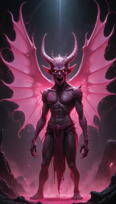 inkwork, mysterious dark fantasy, WHIMSICAL illustration, brilliant unhinged DEMON PINK LASER_painting