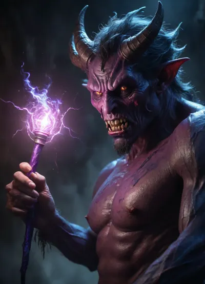 inkwork, (mysterious dark fantasy:1.4), WHIMSICAL illustration, (brilliant unhinged DEMON:1.6), purple and blue LASER_painting
