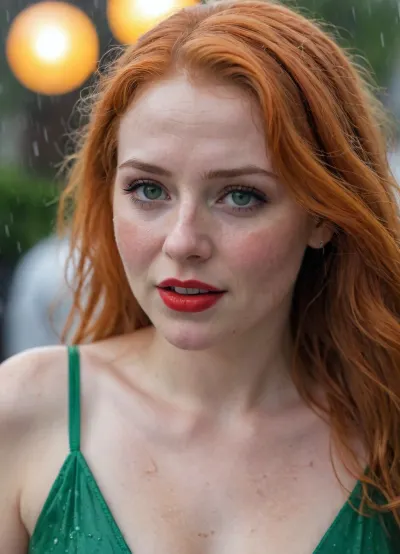 A 21 years, girlish-looking woman is at a party. It’s raining extremely heavily. She has very pale skin, freckles on her round, chubby face and on her décolleté, and extremely long, tousled, bright orange hair and green eyes. Red lipstick. She’s wearing a long, tight-fitting golden party dress that’s far too tight. She is completely soaked. She is extremely drunk and laughing. She is standing in the rain