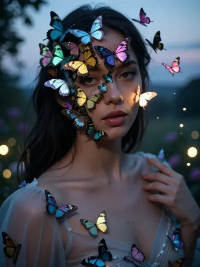 Ultra detailed depiction. Sharp focus on face. Fantastic scene looking like a professional photograph of a beautiful mysterious woman facing camera, her face fully covered by countless small colorful butterflies clustered together, each butterfly distinct and separate, wings overlapping asymmetrically in an organic irregular pattern, glowing with iridescent colors, a few butterflies gently taking flight away from one cheek, standing in a confident model pose, one hand on her hip, ethereal flowing dress, soft magical twilight garden atmosphere, delicate glowing light particles in the air, seductive alluring gaze visible between the butterfly wings, sharp facial details, cinematic atmosphere, photorealistic