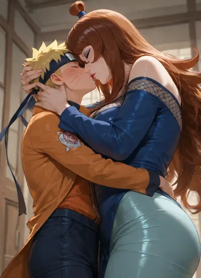 masterpiece, high detailed, (Glossy liner anime style), clear and light frame, (1 woman, Terumi Mei, long hair, blue outfits, hourglass figure body, 36 years old, eyeshadow, milf, giant woman), BREAK, (1 boy, Naruto_Uzumaki, yellow hair, yellow coat, headband with Konoha emblem, short and small boy), (mother and son, taboo relationship), woman holding back of boy's head, (height difference, giant woman and small boy), side view, hetero, woman bend forward to kissing the boy, waist, hips, bend over, kissing mouth, wet kiss