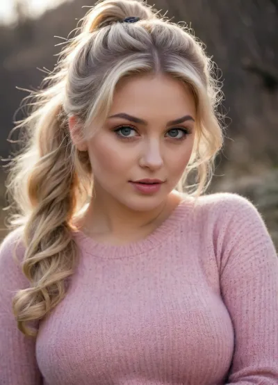 20 years old, curvy blond, soft lips, mesmerizing eyes, flirting with you, dynamic angle, fluffy knitted sweater, nature, wavy ponytail, big boobs, close-up