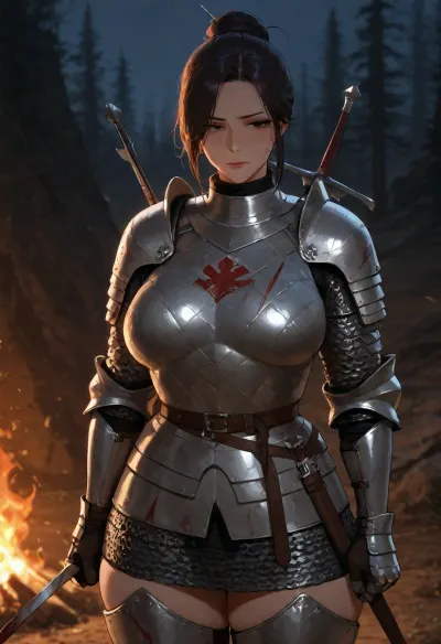 masterpiece, best quality, absurdres, newest, highres, very aesthetic, 1girl, solo, mature female, adult, female knight, dark hair, hair bun, brown eyes, curvy, thick thighs, medium breasts, chainmail, torn gambeson, arrow in back, blood on armor, blood on clothes, pain expression, night camp, dying fire, dramatic lighting, detailed face, detailed eyes