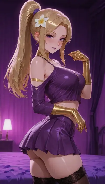 Beautiful Filipina Asian woman meeting me at her bedroom, petite woman, loose lace shirt, high stockings under miniskirt, sexy sultry eyes with cute smile, <lora:Super_Eye_Detailer_By_Stable_Yogi_SDPD0:.5>, ((neon purple room)), ((((beautiful eyes limbal ring portrait)))), flowers, plumeria, high ponytail, dynamic glamour pose action side view, she loves to show off her beautiful modest curves, dark lips, dark eyes, blush