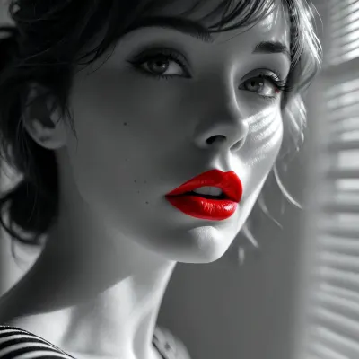 (anime with smooth rendering and vibrant colors:.1), artistic, low angle, 40 yo, striking belle female, venetian blind shadow, smoky monochrome macro close-up, deep red lips puckered as if blowing a kiss, deep striped shadows across her face, strict black and white image, heart shaped mouth, thick lips, detailed skin with blemishes, very soft, film grain, high contrast, diffused lighting, intricate, detailed, natural beauty, /KlTTY-ART/, <lora:COMFYUI_mimic_landscape_-_XL_SDXL v2.0:.1>, <lora:attractive_notrigger:.1>, <lora:MJ52:.1>, <lora:flat_chested_v3.5:.1>