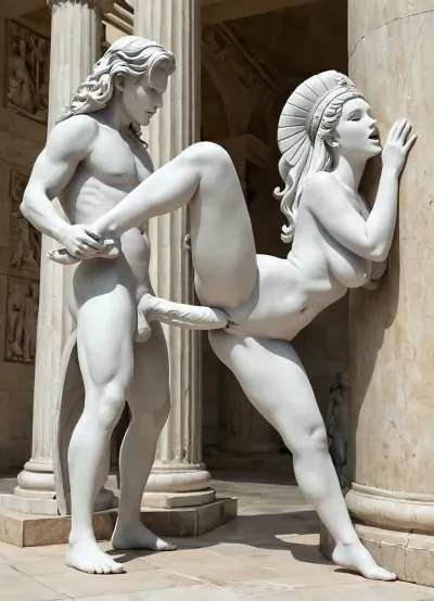 score_9, score_8_up, score_7_up, Greek temple, bending over, front view, side view, woman and man, nude male statue from behind, white carrara marble male statue, Achilles marble statue from behind, woman anal fucking, gigantic marble penis, super big heavy fake tits, naked, sexy waist, long legs, one leg up, classical art sculpture, white carrara marble, loud moaning, orgasm