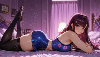 d.va from overwatch 30 year old, pose is prone flat laying on her stomach, (((perfect face with symmetrical eyes))), athletic fit toned body laying down on bed, sultry joyful action, sultry smile, blue tight halter top, with tight white extremely short miniskirt, long stockings, backlight., Long flowing purple hair with hair clips, (background is dark floral purple bedroom), (High, Resolution), (More, Details), (8K), volumetric lighting, <lora:MJ52:1>, <lora:outline_xl_kohaku_delta_spv5x:.8>, <lora:attractive_notrigger:1.1>, <lora:detailed_notrigger:1.8>, <lora:LCMTurboMix_Euler_A_fix:.9>