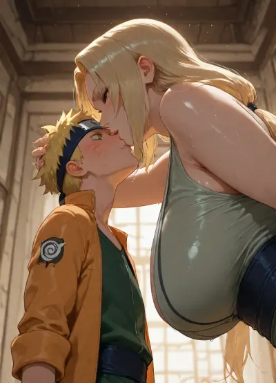 masterpiece, high detailed, (Glossy liner anime style), clear and light frame, (1 woman, Tsunade, long hair, green outfits, hourglass figure body, 36 years old, eyeshadow, milf, giant woman), BREAK, (1 boy, Naruto_Uzumaki, yellow hair, yellow coat, headband with Konoha emblem, short and small boy), (mother and son, taboo relationship), woman holding back of boy's head, (height difference, giant woman and small boy), side view, below to up view, deep field view, hetero, woman bend forward to kissing the boy, waist, hips, bend over, kissing mouth, wet kiss