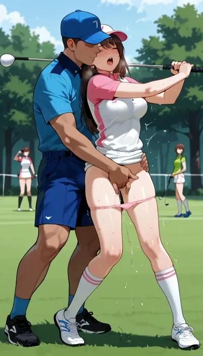 Girl and boys, 20 years old, holding gold, swinging golf, playing golf, in front of a man, outdoor.golf Uniform, socks, shoes, panties pulled down, man cuddling the girl, fingering her vaginal from behind, She is embarrassing, moaning, .