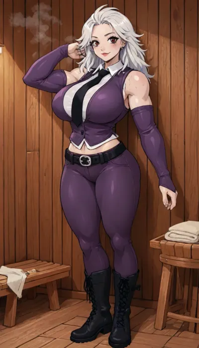 (innv meets jack cayless style), (reiq style, masterpiece, cel-shaded, limited color palette), ((Beautiful Muscles Sexy Noi from Dorohedoro anime body:1.4)), (sauna, steam, sauna background:1.2), (1girl, solo, alone, 21 year old woman), (pale skin:1.4), (gorgeous, silver-white hair, red eyes, seductive face, perfect ads, perfect big breast, muscles are well defined, muscular body, muscular arms, perfect hands, muscular legs, big ass, sweaty body), (five piercings on each ear), ((white business shirt), (black tie), (purple vest), (tight purple pants), (belt), (arm purple sleeves), (black strap boots)), (standing posing), no horns, ultraviolet light, LoL, Style, lineart, line, art, flat, colors, color, extrmusc, <lora:LCMTurboMix_Euler_A_fix:2>, <lora:lineartSDXL:2>, <lora:mk_Bp Anime_xl:2>, <lora:EnvyBeautyXL02:2>, <lora:ExtrMusc:2>