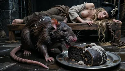 Ultra low key cinematic photorealism, extreme underexposure bordering on black, dense blacks, oppressive wet medieval dungeon atmosphere, a huge adult water rat dominates the extreme foreground, frighteningly close, full body visible from nose to tail, coarse soaked brown black fur clumped into filthy straggly strands, small dark hostile eyes, flattened wet ears, narrow angular muzzle, scarred dirty nose, long whiskers heavy with droplets, powerful wet paws and dirty claws gripping the slick stone floor, the long naked scaly tail lies heavily across the damp ground from base to tip, directly before the rat sits a dented dull tin plate holding medieval dark rye bread, dense black bread, half eaten damp stale and rotten, its cracked crust and coarse porous interior covered with highly realistic pale gray to dirty gray white mold, dry fibrous cotton like fungal growth spreading in soft fuzzy colonies, raised woolly tufts and powdery spores, the rat bites aggressively into the bread with jaws open and incisors clearly visible, directly behind and compositionally just above the rat begins a crudely built wooden sleeping platform without mattress, positioned slightly farther back in the cell, on it lies a captive pirate woman, 28 years old, sleeping on her side with her face turned toward the viewer, visible approximately from upper thighs upward, strikingly beautiful despite exhaustion and dirt, long matted blonde dreadlocks spilling across the rough wood, battered tricorn hat resting near her head, torn filthy sweat stained historical pirate blouse and damaged trousers, huge bare breasts, barefoot, weathered fabric, frayed seams and grime rendered with convincing tactile realism, the woman is larger and more readable than before yet remains slightly softer than the razor sharp rat, her expression peaceful but exhausted, dripping black stone walls, rusty bars, corroded chains, puddles, condensation, straw, mildew, damp haze and faint ground mist, minimal cold grazing light defines the rat, bread and selected edges of the sleeping figure, premium full frame photographic realism, deep blacks, strong micro contrast, subtle analog film grain, claustrophobic, filthy, secretive and profoundly dark