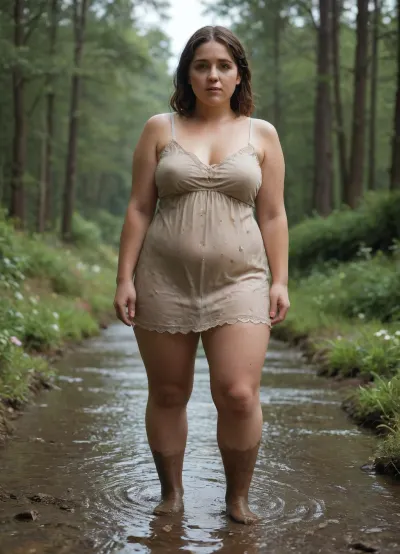 A chubby 18-year-old with a round face, freckles, and a flower-patterned lace summer dress, dripping wet. She is splattered with mud. She is playing in wellies in a muddy puddle on a muddy forest path