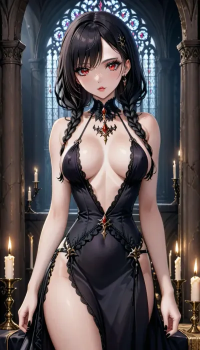 A captivating gothic woman with a petite frame but ample bosom, defined jawline, slim arms. Wearing a sexy plunging neckline gothic dress made of black lace and silk, showing prominent cleavage. Standing in a candlelit gothic cathedral, mysterious vibe, hyper-detailed, masterpiece, dark fantasy art style.