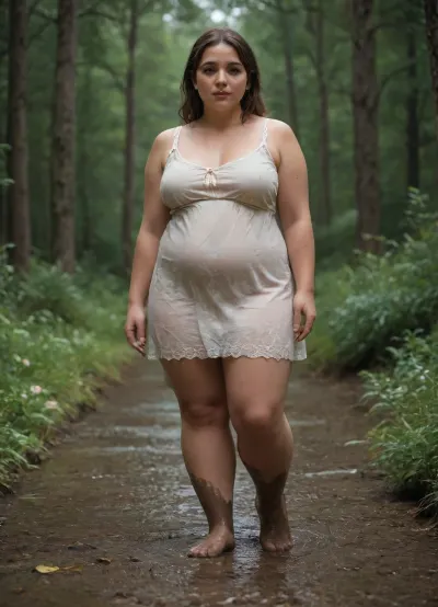 A chubby 18-year-old with a round face, freckles, and a flower-patterned lace summer dress, dripping wet. She is splattered with mud. She is playing in wellies in a muddy puddle on a muddy forest path