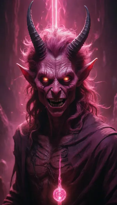 inkwork, mysterious dark fantasy, WHIMSICAL illustration, brilliant unhinged DEMON, PINK LASER_painting