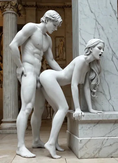 score_9, score_8_up, score_7_up, Greek temple, bending over, front view, side view, woman and man, nude male statue from behind, white carrara marble male statue, Achilles marble statue from behind, upside down, woman fucking, gigantic marble penis, super big heavy fake tits, naked, sexy waist, long legs, classical art sculpture, white carrara marble, loud moaning, orgasm