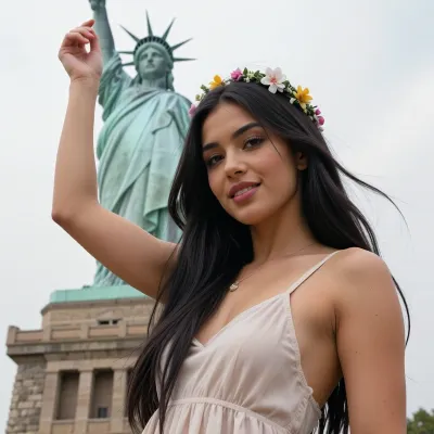 Masterpiece, highest quality, extremely detailed, high resolution. wideangle shot, frontal view of the model, full-body shot. Scene, USA, Statue of Liberty. A breathtakingly beautiful, petite, and very slender young woman, (20 years old), with extremely long, straight, jet-black hair, full lips, and dark, sun-tanned skin, she is wearing a light, airy summer dress and a flower crown in her hair. She stands in front of the Statue of Liberty, raising one arm to mimic the statue's pose. She smiles and looks seductively into the camera. Shot on 35mm film, analog photography, natural light fall-off, soft shadow transitions, slight film grain, fine noise structure, imperfect focus, uneven sharpness, realistic skin texture with visible pores and color nuances, no digital sharpening, no HDR look, organic imperfections, cinematic realism defined by natural light and physical details.
