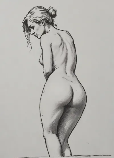 (Haelga from Skyrim, 30 year old, scandinavian, blonde medium hair, medium breasts), (medieval short dress lifted up exposing butt), (bending over, hands on buttcheeks, spreading ass), rear view, lineart, black and white, high contrast, bend ass, bent over, undressing, present ass, pencil sketch, monochrome, nude portrait, posing like artist's model, pencil, drawix17, dwx17, <lora:sketch_it:1>, <lora:Pencil_Sketch-06R:.5>, <lora:drawix17:.1>