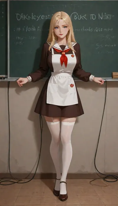 Woman 25 years old, tall, slim figure, big breasts, pretty face, blonde, long square, red lips, blue eyes, Soviet school uniform 1980, ((dark brown dress, white big direct apron, apron with cables)), pioneer tie, white stockings, red high-heeled shoes, school class, super realism, high quality picture, high definition detail, suxl, pionyrs, shirt, neckerchief, skirt, sash, badge, green, eyes, blue, brown, perfecteyes, skirtlift, <lora:suxl:1.6>, <lora:pionyrka:.1>, <lora:XDetail_light:1.4>, <lora:PerfectEyesXL:.8>, <lora:skirtlift_xl:.8>