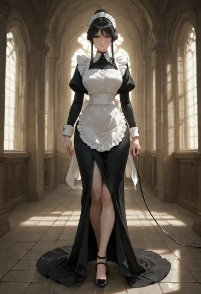 masterpiece, best quality, absurdres, newest, highres, very aesthetic, 1girl, solo, mature female, adult, woman in her 30s, nsfw, black hair, hair bun, gathered hair, stern face, sharp eyes, grey eyes, beautiful detailed eyes, pale skin, elegant, tall, narrow waist, medium breasts, long legs, black dress, knee-length dress, white apron, maid apron, governess, closed dress, black shoes, collar visible, standing, full body, facing viewer, looking at viewer, holding leash, arms at sides, calm expression, confident, bdsm dungeon, stone floor, stone walls, leather restraints, metal rings, dramatic lighting, rim light, depth of field, intricate details, highly detailed, detailed face, detailed eyes, detailed hands
