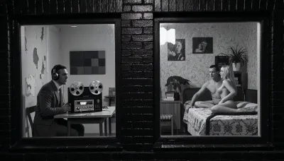 Late 1970s German Democratic Republic, historically accurate monochrome documentary night photography, museum-quality archival realism in dramatic East German social documentary style, an ultra-photorealistic black-and-white image with exceptional greyscale tonal range, deep blacks, luminous highlights, rich analog film grain, subtle grain, view from outside on a rainy night, a dark wet brick facade with glistening reflections, two windows close together. Each filling enough of the frame so that face and subtle expressions are readable. Left window, a peeling, sparsely furnished room with worn walls, acoustic panels implied, a man in DDR suit sits at a simple table with a professional black reel-to-reel tape recorder with two prominent aluminum reels, illuminated VU meters, toggle switches, analog controls, and visible electronics, wearing large over-ear headphones, he hears music, posture tense and focused, face showing subtle Concentration, brows drawn, jaw set, right window a modest DDR bedroom with simple bed thin blankets, practical furniture, bedroom with patterned wallpaper, decorative accessories, family photographs, books, a healthy potted plant, muted fabrics, an detailed adult nude couple has sex on the bed, Faces and bodies visible and highly detailed rendering, joyful sex from behind, German man, 42 years old, and his beautiful blonde wife, 35 years old, Rain-slick window glass with faint interior reflections, high resolution faces and textures despite the low light, respectful, tense atmosphere, no modern objects.