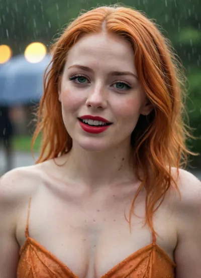 A 21 years, girlish-looking woman is at a party. It’s raining extremely heavily. She has very pale skin, freckles on her round, chubby face and on her décolleté, and extremely long, tousled, bright orange hair and green eyes. Red lipstick. She’s wearing a long, tight-fitting golden party dress that’s far too tight. She is completely soaked. She is extremely drunk and laughing. She is standing in the rain
