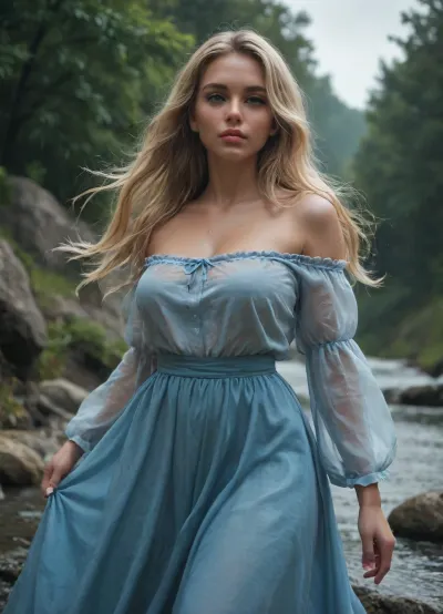 20 years old, curvy, blond, longhair flowing in the wind, oversized top, long skirt, soft lips, mesmerizing eyes, flirting with you, dynamic angle, wet, heavy rain, stormy weather, rock coast, blue ocean