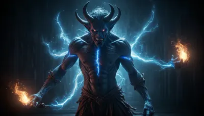 inkwork, mysterious, (WHIMSICAL:2), dark, fantasy, brilliant, ILLUSTRATION, (unhinged DEMON:1.5), BLUE LASER_LIGHT_painting