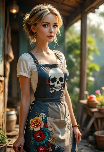 (anime with smooth rendering and vibrant colors:1), outdoor, artistic, low angle, random view, 40 yo, striking mature belle caucasian female, she wears only a loose skull baker's apron, glam punk aesthetic, professional, studio quality, detailed background, illustrated, natural beauty, /KlTTY-ART/, <lora:COMFYUI_mimic_landscape_-_XL_SDXL v2.0:.1>, <lora:attractive_notrigger:.1>, <lora:MJ52:.1>, <lora:flat_chested_v3.5:.1>