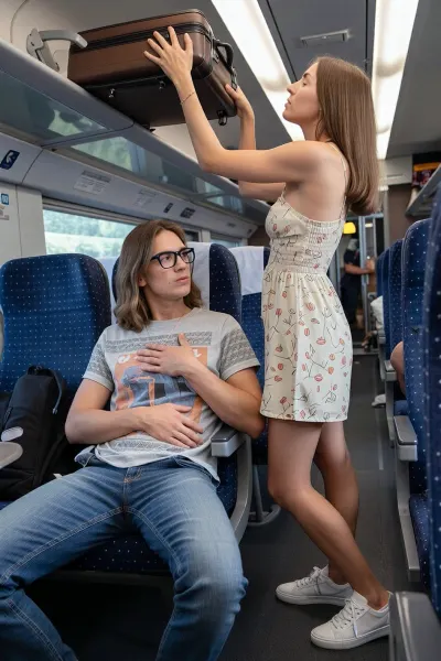 dans un train, lumière douce, détails naturels, peau propre, cheveux mi-longs ou courts, une jeune femme 37 ans, innocente, timide petite élancée athlétique habillée avec une robe d'été légère et des baskets blanches, un collier fin autour du cou elle met sa valise très haut dans le porte bagage au dessus du siège d'un jeune homme très timide à lunettes habillé en t-shirt de couleur à motifs et jeans, le jeune homme de 22 ans est assis adossé dans son siège les mains posées sur son jeans au niveau des cuisses il baisse les yeux et regarde devant lui sans bouger impassible, ((elle est de profil)), debout dans l'allée au niveau du siège du jeune homme elle approche son ventre de l'homme elle se penche franchement en avant sur lui, elle colle son corps à l'homme ses seins touchent la joue de l'homme qui reste impassible elle est en extension vers le haut les jambes au sol tendues sur la pointe des pieds, elle a les 2 bras tendus vers le haut portant sa valise au dessus de sa tête à 2 mains pour finir de pousser sa valise avec ses mains dans l'emplacement à 3 m de hauteur elle a les yeux levés vers le ciel la tête tournée vers sa valise elle regarde sa valise, prise de vue en contre plongée