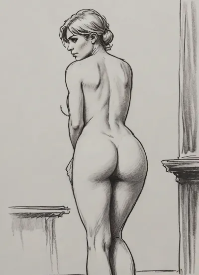 (Haelga from Skyrim, 30 year old, scandinavian, blonde medium hair, medium breasts), (medieval short dress lifted up exposing butt), (bending over, hands on buttcheeks, spreading ass), rear view, lineart, black and white, high contrast, bend ass, bent over, undressing, present ass, pencil sketch, monochrome, nude portrait, posing like artist's model, pencil, drawix17, dwx17, <lora:sketch_it:1>, <lora:Pencil_Sketch-06R:.5>, <lora:drawix17:.1>