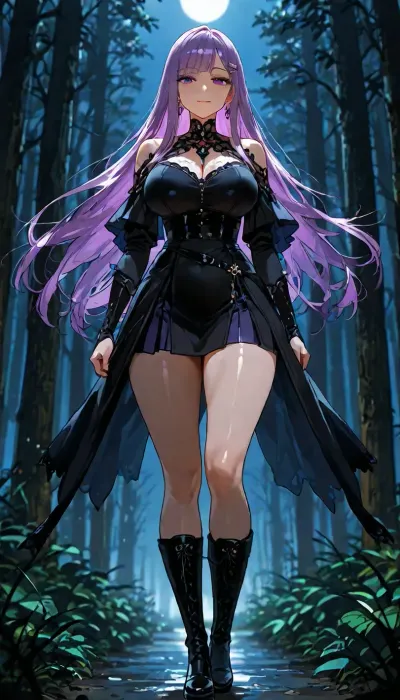 goth cyberwitch mature 30 year old dynamic action in forest, long thick boots, (((perfect face with symmetrical eyes))), athletic fit toned, sultry joyful action, sultry smile, backlight., Long flowing purple hair with hair clips, (High, Resolution), (More, Details), (8K), volumetric lighting, cyberpunk lights motif, (background is a dark room bathed in moonlight), <lora:MJ52:1>, <lora:outline_xl_kohaku_delta_spv5x:.8>, <lora:attractive_notrigger:1.1>, <lora:detailed_notrigger:1.8>, <lora:LCMTurboMix_Euler_A_fix:.9>