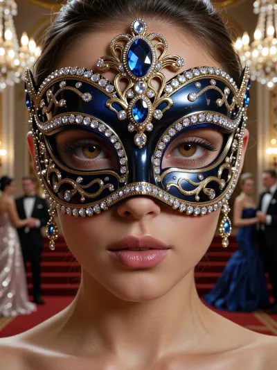 An ultra-realistic, cinematic close-up portrait of a beautiful woman looking directly into the camera. She wears a magnificent, exquisitely detailed Venetian half-mask made of a dark blue, high-gloss polymer material. The entire mask is adorned with an elegant pattern of the finest gold filigree, creating a noble contrast against the deep blue background and combining luxury with exquisite craftsmanship. The mask is characterized by its three-dimensionality and high-contrast highlights. The inner eye cutouts and the outer edges of the mask are densely outlined with continuous rows of small faceted diamonds. In the center, on the bridge of the nose, and in the crown of the mask, large, three-dimensional oval-cut sapphires of a deep blue color are inlaid. The stones are set in massive gold settings adorned with diamonds. The look is complemented by long gold drop earrings with sapphires and diamonds, crafted in the same style as the mask. A magnificent, opulent ballroom in the background, with a blurred bokeh showing elegantly dressed people beneath sparkling crystal chandeliers, a staircase with a red carpet, and warm, cinematic lighting. Ultra-detailed skin, eyes, gemstones, and mask textures, photorealism, high sharpness, depth of field with soft bokeh. A masterpiece, high resolution, photorealistic, ultra-detailed jewelry textures.