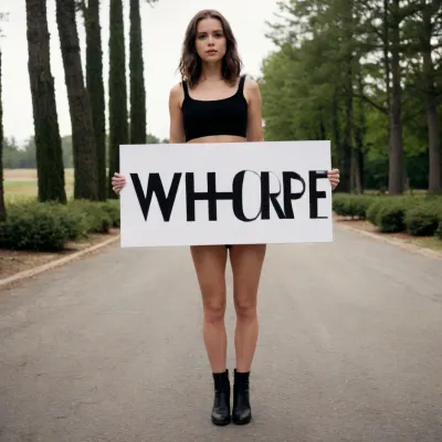 The girl stands with her legs spread, holding a sign with the words "WHORE" written on it in large black letters.
