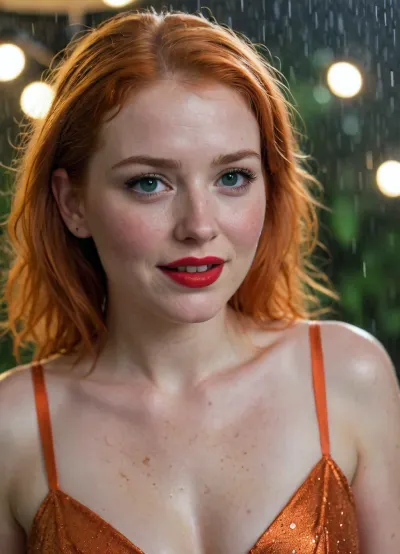 A 21 years, girlish-looking woman is at a party. It’s raining extremely heavily. She has very pale skin, freckles on her round, chubby face and on her décolleté, and extremely long, tousled, bright orange hair and green eyes. Red lipstick. She’s wearing a long, tight-fitting golden party dress that’s far too tight. She is completely soaked. She is extremely drunk and laughing. She is standing in the rain