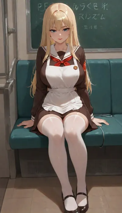 Woman 25 years old, tall, slim figure, big breasts, pretty face, blonde, long square, red lips, blue eyes, Soviet school uniform 1980, ((dark brown dress, white big direct apron, apron with cables)), pioneer tie, white stockings, red high-heeled shoes, school class, super realism, high quality picture, high definition detail, suxl, pionyrs, shirt, neckerchief, skirt, sash, badge, green, eyes, blue, brown, perfecteyes, sit, on, seat, spread, legs, <lora:suxl:1.6>, <lora:pionyrka:.1>, <lora:PerfectEyesXL:1.3>, <lora:sit on seat spread legs XL:.8>