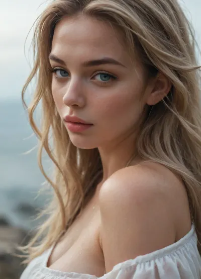 20 years old, curvy, blond, oversized top, sideview of her big boobs, close-up shoulder, soft lips, mesmerizing eyes, flirting with you, dynamic angle, wet, stormy weather, rock coast