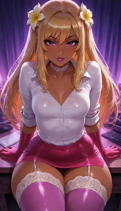 Bubbles the FIlipina is your librarian buddy, she is sitting at the desk waiting to study with you. She has dark skin, ((highly detailed face with dramatic lighting)), reiq, Beautiful Filipina Asian woman meeting me at her bedroom, petite woman, adorable office shirt, high stockings under miniskirt, sexy sultry eyes with cute smile, <lora:Super_Eye_Detailer_By_Stable_Yogi_SDPD0:.5>, ((neon purple room)), ((((beautiful eyes limbal portrait)))), flowers, plumeria, playful hair, dynamic glamour pose action view, LEANING BACK shows off entire body with modest curves, dark lips, dark eyes, pink blush, soft red gloves, small breast, lace choker