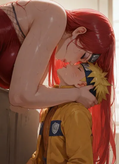masterpiece, high detailed, (Glossy liner anime style), clear and light frame, (1 woman, Kushina Uzumaki, long red hair, her red outfits, fishnet halter, hourglass figure body, 36 years old, eyeshadow, milf, giant woman), (1 boy, Naruto_Uzumaki, yellow hair, his yellow coat, headband with Konoha emblem, short and small boy), (mother and son, taboo relationship), woman holding back of boy's head, (height difference, giant woman and small boy), side view, below view, deep field shot, backlight, hetero, woman bend forward to kissing the boy, waist, bend over, mouth to mouth, wet kiss
