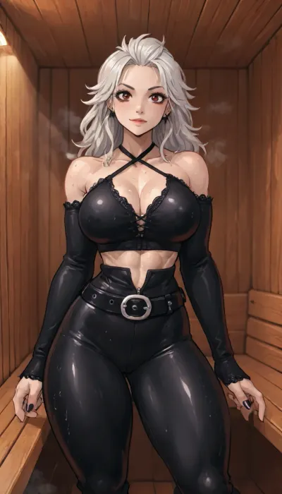 (innv meets jack cayless style), (reiq style, masterpiece, cel-shaded, limited color palette), ((Beautiful Muscles Sexy Noi from Dorohedoro anime body:1.4)), (sauna, steam, sauna background:1.2), (1girl, solo, alone, 21 year old woman), (pale skin:1.4), (gorgeous, silver-white hair, red eyes, seductive face, perfect ads, perfect big breast, muscles are well defined, muscular body, muscular arms, perfect hands, muscular legs, big ass, sweaty body), (five piercings on each ear), (Style Front Lace Up Short Halter Top Black Split Halter Straps), (tight black Laced-Up pants), (leather belt), (arm sleeves leather armored), (black strap boots), (standing posing), no horns, ultraviolet light, LoL, Style, lineart, line, art, flat, colors, color, extrmusc, <lora:LCMTurboMix_Euler_A_fix:2>, <lora:lineartSDXL:2>, <lora:mk_Bp Anime_xl:2>, <lora:EnvyBeautyXL02:2>, <lora:ExtrMusc:2>