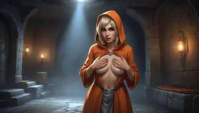(one woman, Orla from Skyrim, mature 40 year old, scandinavian, blonde medium hair, small breasts), (inside medieval underground bathhouse, silver stone walls), (hands grabbing breasts), (wearing yellow hood, open orange medieval robes, slightly exposing breasts without visible nipples), close view, blue light atmosphere, dark ambiance, (artwork, digital painting, fantasy art, loading screen art style), shirtspread, <lora:SDXLSamDoesArts:.1>, <lora:SumTim:.1>, <lora:Sinister_Style_SDXL:.1>